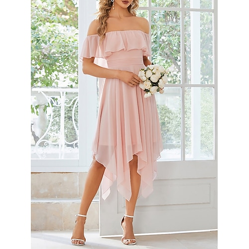 

Per donna Abito da ospite di nozze Vestito da festa Abito semi formale Vestito longuette Rosa Manica corta Colore puro Increspato Estate Primavera Autunno Senza spalline Festa Compleanno Invitati del