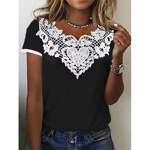 

Women's Shirt Blouse Black Plain Lace Short Sleeve Casual Basic Round Neck Regular S