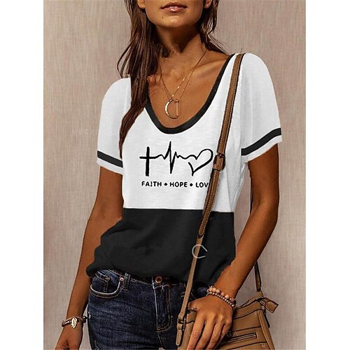 

T shirt Tee Femme Noir Blanche Feuille Bloc de couleur Imprimer Manche Courte du quotidien Fin de semaine basique Col en U Normal Standard Fleur Peinture S