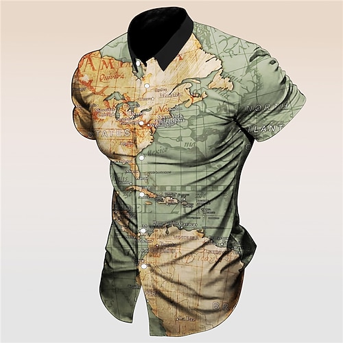 

Homens Camisa Social Mapa Estampas Abstratas Vintage Aberto para a Lateral Verde Cinzento Ao ar livre Rua Manga Curta Imprimir Roupa Moda Roupa de rua Designer Macia