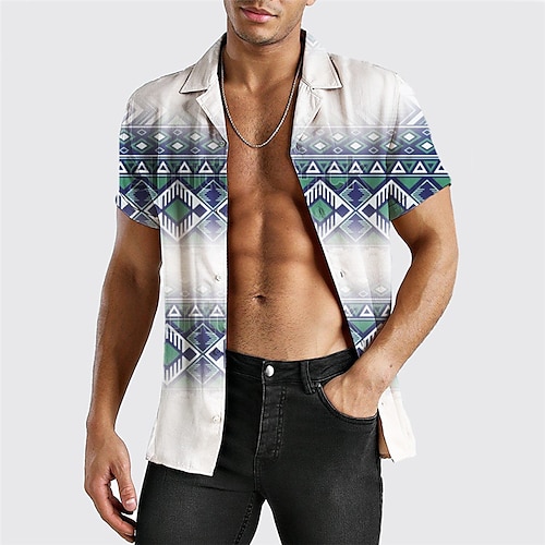 

Men's Shirt Summer Hawaiian Shirt Tribal Graphic Prints Vintage Geometry Cuban Collar Yellow Blue Purple Green Gray Casual Holiday Short Sleeve Button-Down Print Clothing Apparel Sports Fashion