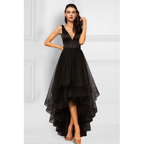 

Linea-A Abiti da cocktail Elegante Vestito Abiti da festa Asimmetrico Senza maniche A V Organza con Con diamantini Con balze 2023