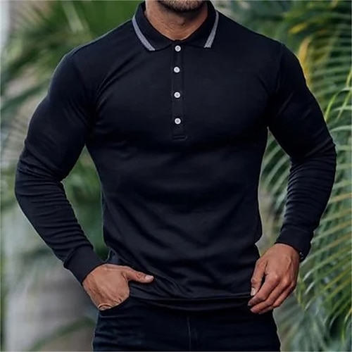 

Per uomo POLO Camicia da golf Golf Strada Informale Collo a polo a costine Manica lunga Di tendenza Essenziale Liscio Pulsante Estate Standard Nero POLO