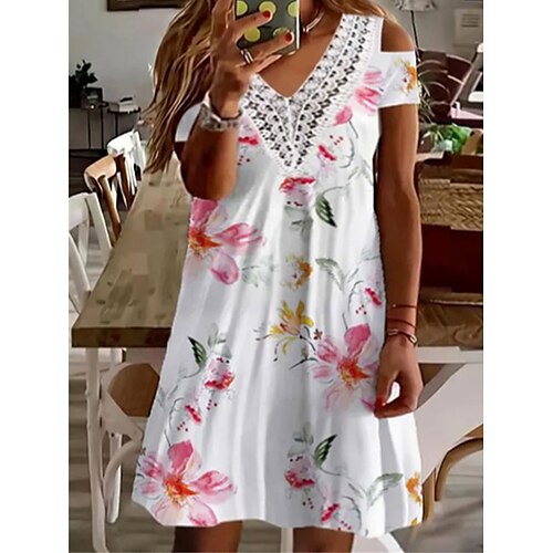 

Per donna Plus Size Abito casual Floreale Vestito longuette Manica corta Stampa A V Di tendenza Esterno Bianco Estate Primavera L XL XXL 3XL