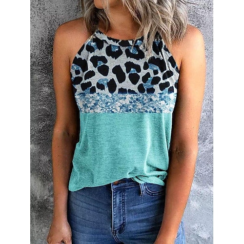 

Damen Tank Top Blau Leopard Bedruckt Ärmellos Casual Basic Rundhalsausschnitt Standard S