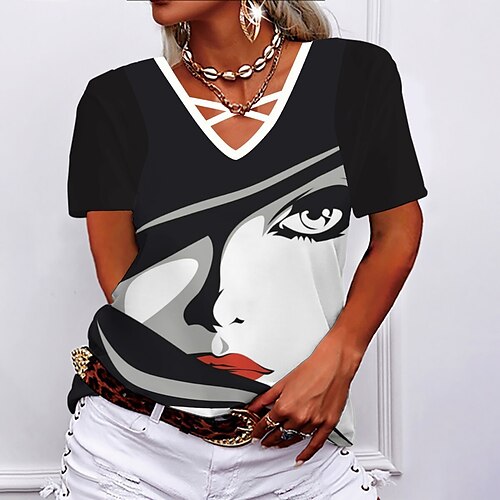 

Damen T Shirt Schwarz Weiß Blau Graphic Schmetterling Bedruckt Kurzarm Täglich Wochenende Basic V Ausschnitt Standard Abstrakt Portrait Farbe S