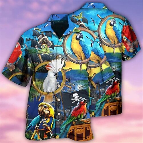 

Men's Shirt Summer Hawaiian Shirt Graphic Prints Parrot Beer Cuban Collar Lake blue White Yellow Light Green Red Casual Holiday Short Sleeve Button-Down Print Clothing Apparel Sports Fashion