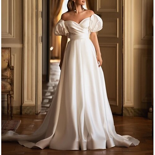 

Sala Vintage Da cerimonia Abiti da sposa Strascico da cappella A sirena Manica corta Senza spalline Raso Con Con ruche Tinta unita 2023 Abiti da sposa