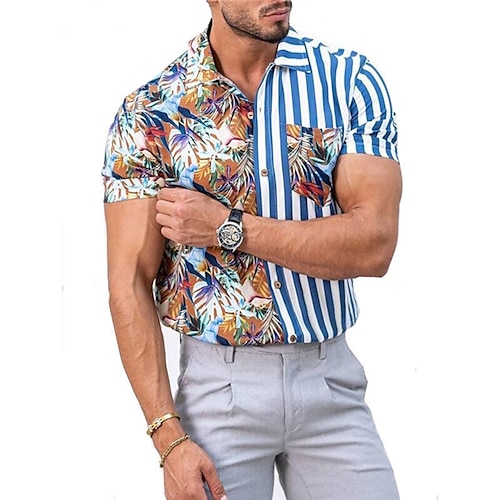 

Homens Camisa Social Camisa havaiana Listrado Estampas Abstratas Folhas Aberto para a Lateral Azul Ao ar livre Rua Manga Curta Botão para baixo Imprimir Roupa Tropical Moda Havaiana Designer