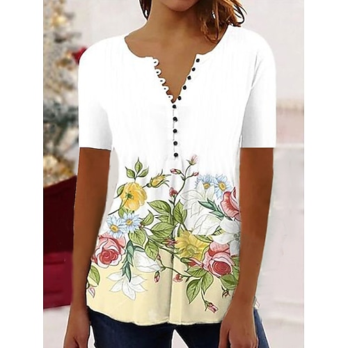 

Mulheres Camisa Social Blusa Branco Azul Marron Gráfico Floral Botão Imprimir Manga Curta Casual Tunicas Básico Decote Redondo Padrão S