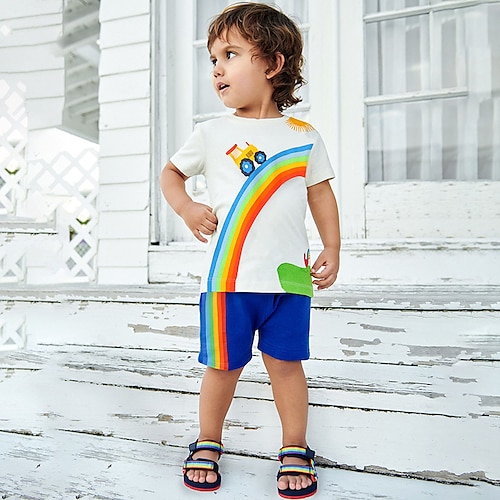 

2 pezzi Bambino (1-4 anni) Da ragazzo T-shirt e pantaloncini Vestito Cartoni animati Arcobaleno Manica corta Impostare Esterno Adorabile Giornaliero Estate Primavera 7-13 anni Blu