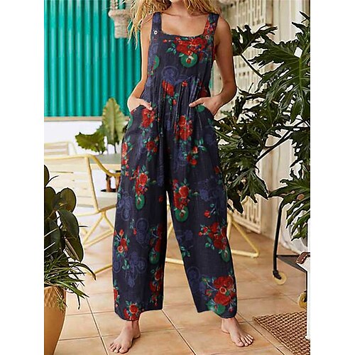 

Women's Overall Pocket Print Floral Square Neck Streetwear Daily Vacation Regular Fit Sleeveless Black S M L Summer