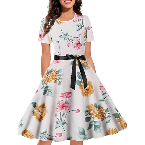 

Dame Årgang Elegant Vintage kjole Midikjole udendørs Daglig Krøllede Folder Sløjfer Blad Rund Hals Kortærmet Regulær Sommer Forår 2023 Sort Hvid S M L XL