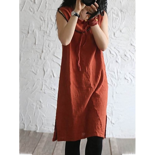 

abito maglione casual da donna abito maglione a trapezio abito maglione semplice tinta unita colore puro scollo rotondo diviso abito maglione midi casual di base all'aperto quotidiano senza maniche