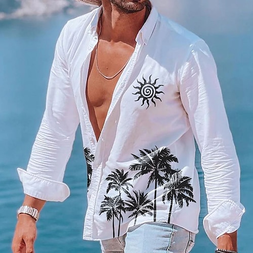 

Per uomo camicia di lino Camicia estiva Camicia da spiaggia Bianco Blu Cachi Manica lunga Albero Bavero Primavera estate Hawaiano Per eventi Abbigliamento Stampa