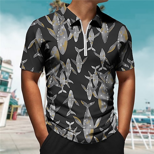 

Herre POLO Trøje Zip Polo Golftrøje Dyr Haj Grafiske tryk Aftæpning Blå Grå udendørs Gade Kort Ærme Lynlås Trykt mønster Tøj Mode Designer Afslappet Åndbart