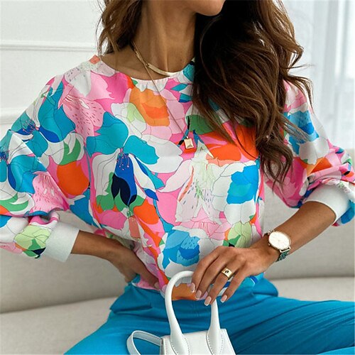 

Mujer Blusa Blanco Azul Piscina Verde Trébol Floral Bloque de color Estampado Manga Larga Casual Diario Casual Escote Redondo Flor S