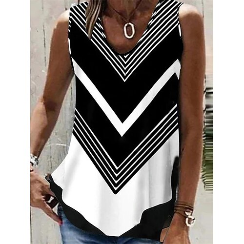 

Damen Tank Top Schwarz Gestreift Bedruckt Ärmellos Casual Basic V Ausschnitt Standard S