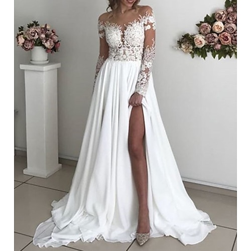 

Sensuale Abiti da sposa Strascico di corte Linea-A Manica lunga Con decorazione gioiello Chiffon Con Con applique Spacco sul davanti 2023 Abiti da sposa