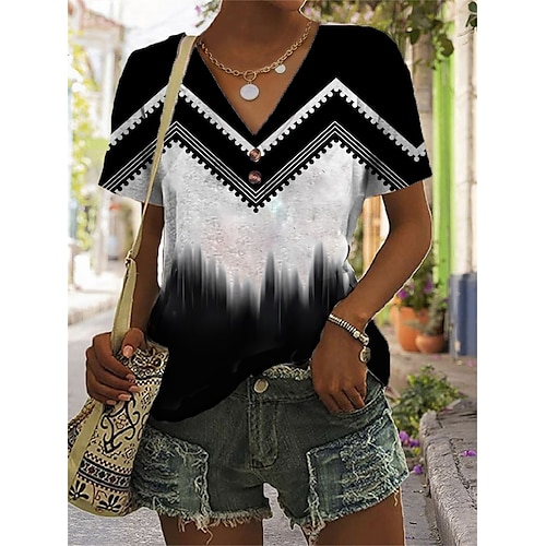 

Mujer Camiseta Negro Blanco Verde Trébol Floral Botón Estampado Manga Corta Festivos Fin de semana Básico Escote en Pico Regular Flor Pintura S