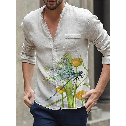 

Hombre Camisa Floral Estampados Libélula Escote Chino Beige Exterior Calle Manga Larga Abotonar Estampado Ropa Moda Design Casual Suave