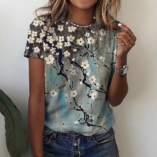 

T shirt Tee Femme Bleu Floral Imprimer Manche Courte Vacances Fin de semaine basique Col Rond Normal Standard Fleur Peinture S