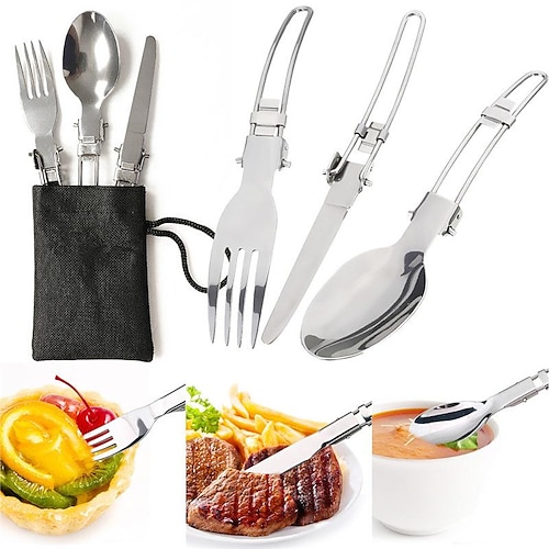 Foldable Tableware, Stainless Steel Portable Camping Picnic Folding Cutlery  Set Knife Fork Spoon with Bag for Camping Outdoors