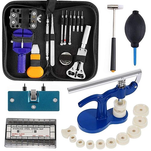 

Kit d'outils de réparation de montre professionnel - Outils de montre comprenant un kit de presse de montre, des souffleurs de poussière en caoutchouc plus grands, des barres à ressort, un kit