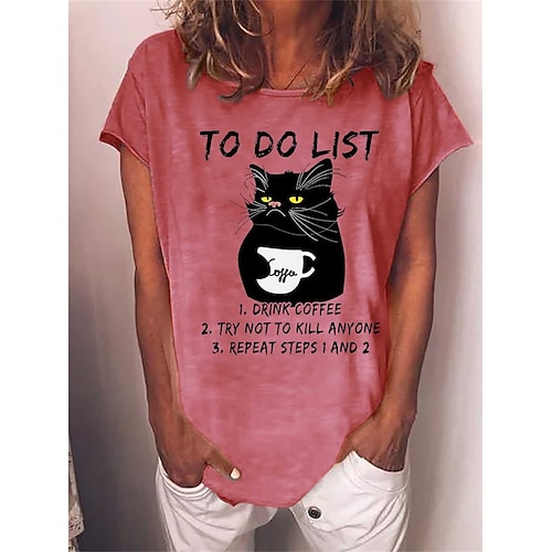 

T shirt Tee Femme Rouge Bleu Vert Chat Lettre Imprimer Manche Courte du quotidien Fin de semaine basique Col Rond Normal Standard Chat Peinture S