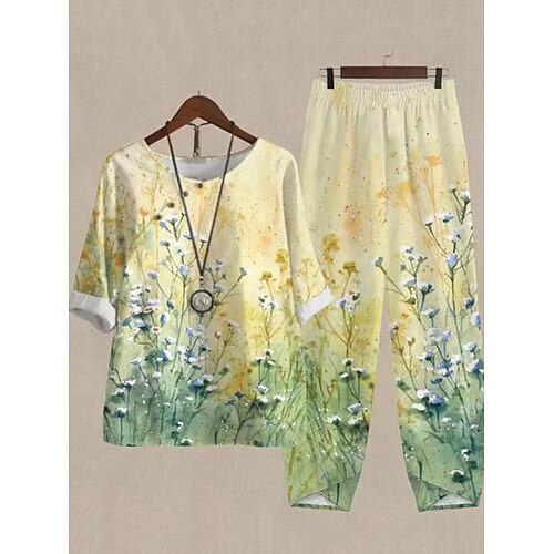

Dame Pyjamas Pyjamas topp og bukse Sett Blomsternål i krystall Mote Fritid Myk Hjem Daglig Seng Polyester Pustende Crew-hals Halvlange ermer T skjorte Bukse Sommer Vår Gul