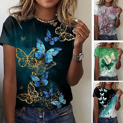 

Dame T-shirt Grøn Sort Gul Sommerfugl Trykt mønster Kortærmet Afslappet Weekend Basale Rund hals Normal Sommerfugl Maleri S