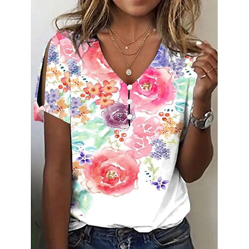 

Mujer Camiseta Blanco Amarillo Azul Piscina Floral Foco Multicolor Botón Cortado Manga Corta Casual Festivos Básico Escote en Pico Regular Flor Mariposa S