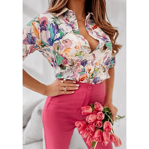 

Mujer Camisa Blanco Rosa Rojo A Lunares Mariposa Botón Estampado Manga Larga Trabajo Casual Vintage Elegante Escote en Pico Mariposa