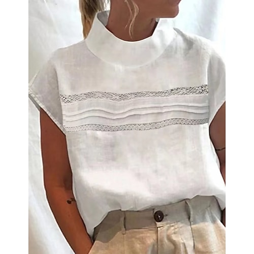 

Women's Shirt Blouse Turtleneck shirt White Eyelet Tops White Plain Short Sleeve Casual Basic Standing Collar Regular Cotton S