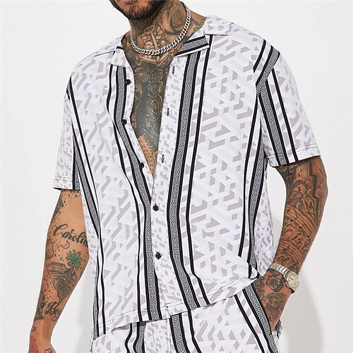 

Homens Camisa Social Camisa havaiana Listrado Estampas Abstratas colar cubano Cinzento Casual Feriado Manga Curta Botão para baixo Imprimir Roupa Esportes Moda Roupa de rua Designer