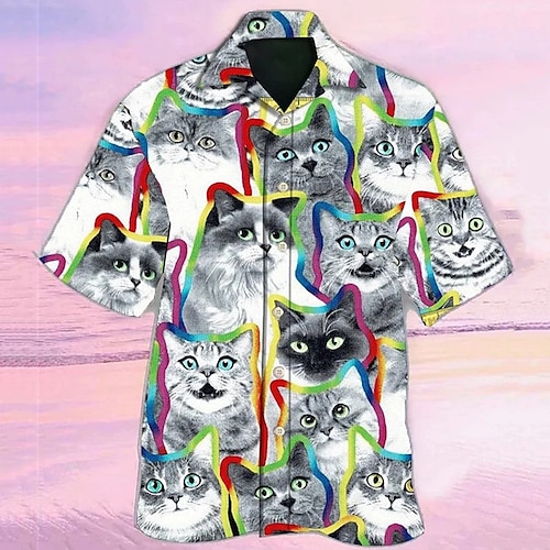 

Homens Camisa Social Animal Gato Estampas Abstratas colar cubano Cinzento Ao ar livre Casual Manga Curta Imprimir Roupa Esportes Moda Roupa de rua Designer