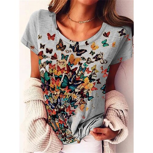 

T shirt Tee Femme Gris Papillon Imprimer Manche Courte du quotidien Fin de semaine basique Col Rond Normal Standard Papillon Peinture S