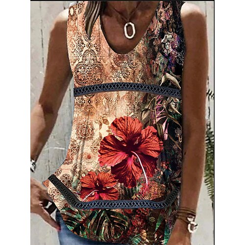 

Mulheres Malha Íntima Branco Vermelho Azul Floral Imprimir Sem Manga Casual Feriado Básico Decote V Padrão Tema Flores Tamanho Grande S