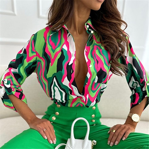 

Mujer Camisa Blusa Verde Trébol Bloque de color Abstracto Estampado Manga Larga Trabajo Casual Elegante Cuello Camisero S