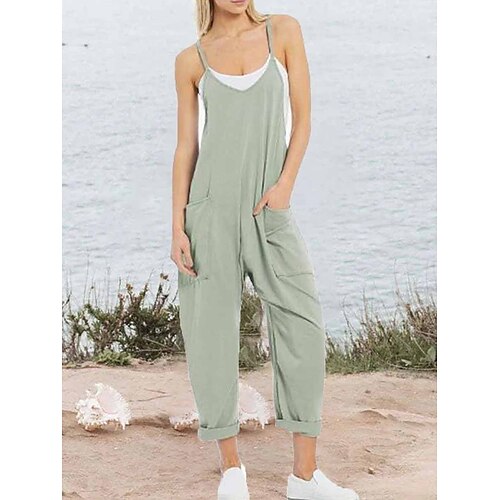 

Women's Jumpsuit Backless Pocket Solid Color U Neck Basic Street Daily Regular Fit Sleeveless Black White Yellow S M L Summer