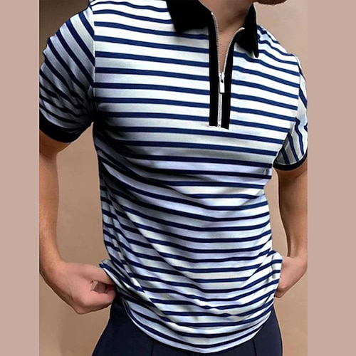 

Per uomo POLO Polo con zip Informale Giornaliero Chiusura lampo quarto Manica corta Di tendenza Essenziale Strisce Strisce verticali Chiusura lampo quarto Estate Standard Blu POLO