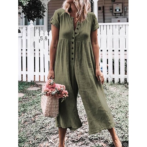 

Women's Jumpsuit Button Solid Color Shirt Collar Streetwear Daily Holiday Regular Fit Short Sleeve Light Green Navy Blue Blue S M L Summer