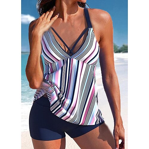 

Maillots de Bain Tankini 2 pièces Maillot de bain Femme 2 Pièces Imprimé Rayé Grande Taille Débardeur Maillots de bain Sportif Tenues de plage Eté