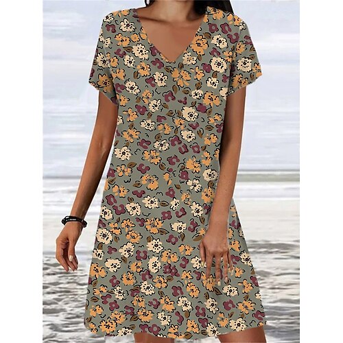 

Dame Afslappet påklædning Blomster kjole Sommerkjole Grafisk Blomstret Trykt mønster V-hals Mini kjole Mode Moderne Daglig Ferie Kortærmet Løstsiddende Lysegul Sommer Forår S M L XL XXL