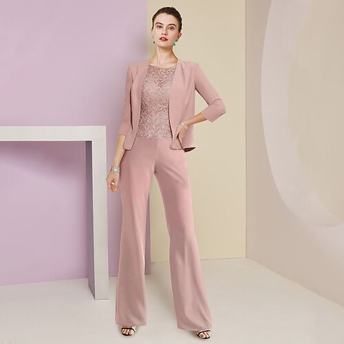 

Pantalone Abito 3 pezzi Abito da cerimonia per signora Formale Invitati del matrimonio Elegante Girocollo Lungo Chiffon Di pizzo Manica a 3/4 Stola inclusa con Con applique 2023