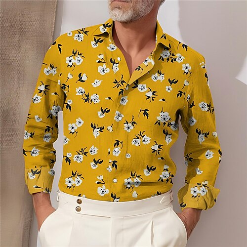 

Men's Shirt Floral Graphic Prints Turndown Yellow Blue Outdoor Street Long Sleeve Button-Down Print Clothing Apparel Fashion Streetwear Designer Soft