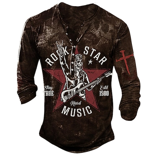 

Herre Henly-skjorte T-skjorter Grafisk Hodeskaller Musikkinstrument Henley Klær 3D-utskrift utendørs Avslappet Langermet Knapp ned Trykt mønster Mote Designer Bekvem
