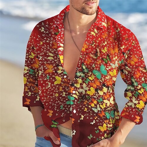 

Men's Shirt Summer Hawaiian Shirt Butterfly Graphic Prints Turndown Yellow Red Blue Green Outdoor Street Long Sleeve Button-Down Print Clothing Apparel Fashion Streetwear Designer Casual