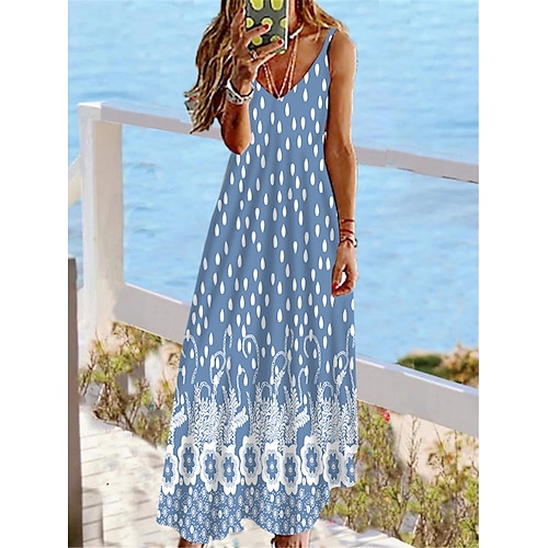 

Dame Lang kjole Maxikjole Uformell kjole Kjole med A-linje Sommerkjole Blomstret Mote Gatemote utendørs Daglig Strand Åpen rygg Trykt mønster Ermeløs Med stropper Kjole Tynn Blå Sommer Vår XS S M L XL