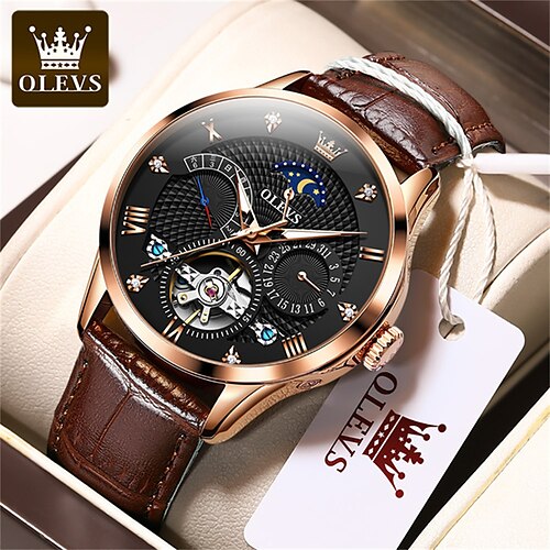 

OLEVS Men Mechanical Watch Casual Business Wristwatch Automatic Self-winding Tourbillon Chronograph Leather Watch